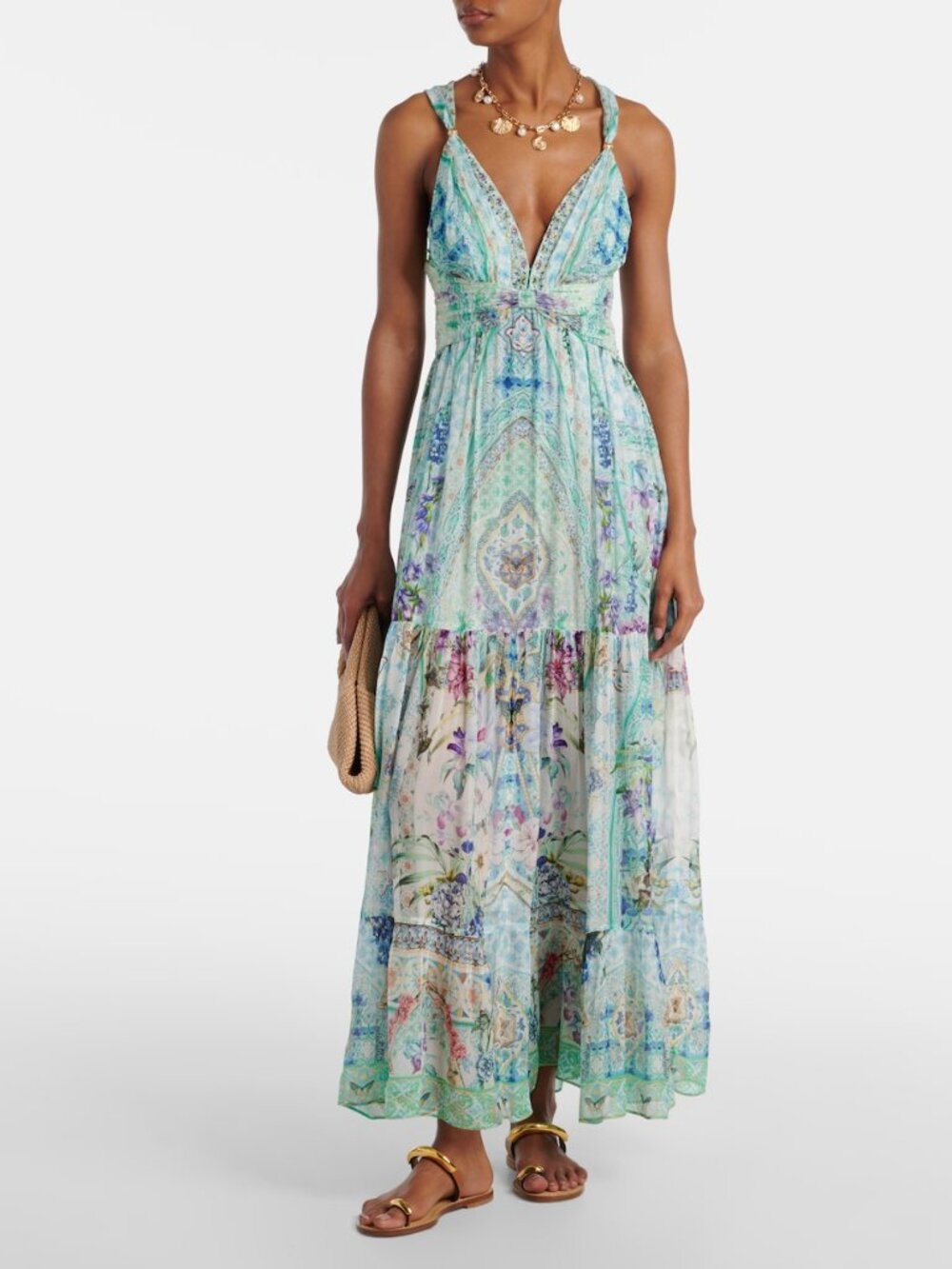 Camilla 100% Silk Bead Strap Gathered Panel Dress